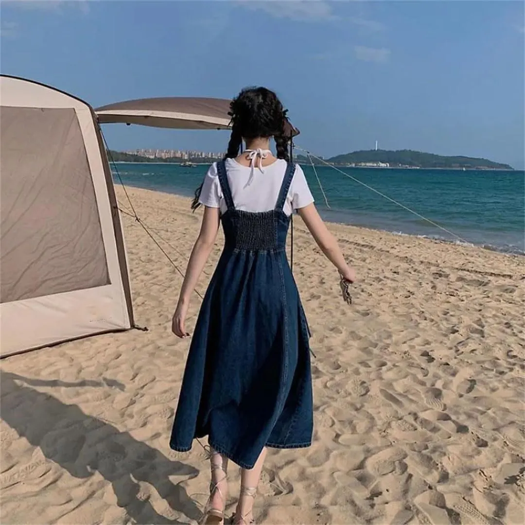 Women's Street Denim Vintage Slimming Waist Single-Breasted Long A- Line Strap Dresses