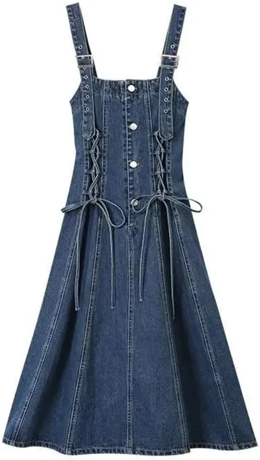 Women's Street Denim Vintage Slimming Waist Single-Breasted Long A- Line Strap Dresses