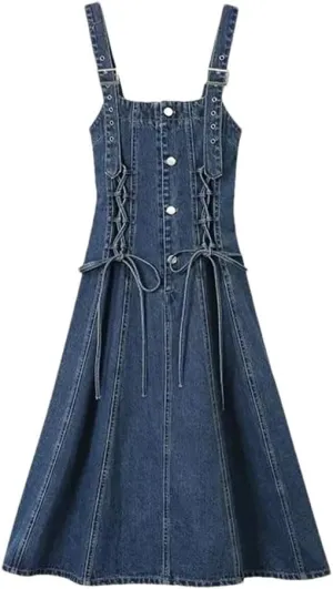 Women's Street Denim Vintage Slimming Waist Single-Breasted Long A- Line Strap Dresses
