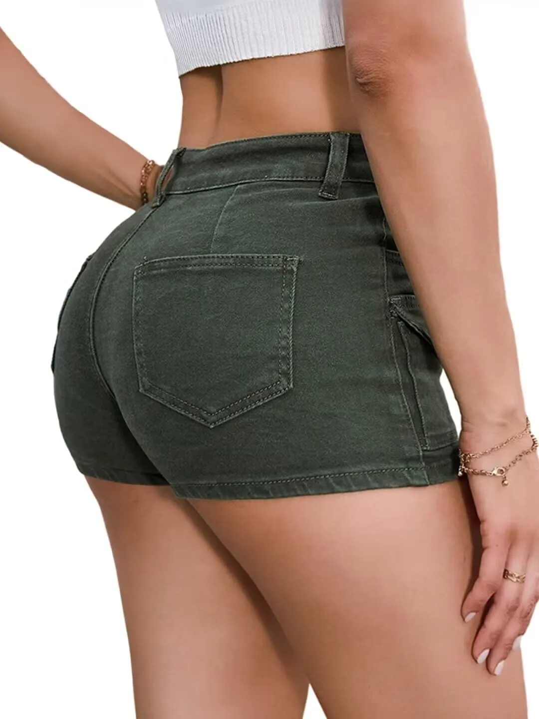 Women's Stretchy Jean Shorts Mid Waisted Twill Shorts Stretch Junior Booty Denim Shorts with Pockets Club Night