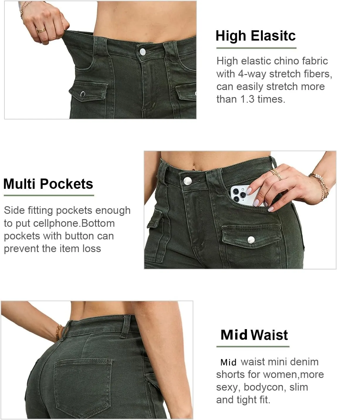 Women's Stretchy Jean Shorts Mid Waisted Twill Shorts Stretch Junior Booty Denim Shorts with Pockets Club Night