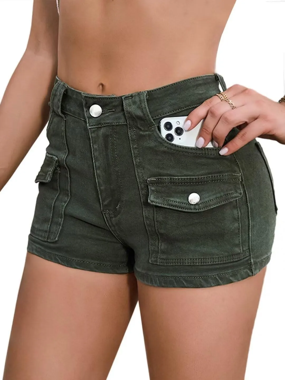 Women's Stretchy Jean Shorts Mid Waisted Twill Shorts Stretch Junior Booty Denim Shorts with Pockets Club Night