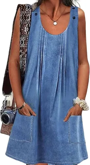 Women's Summer Chic Blue Denim Straps Sleeveless Shift Mini Dress 2025 Casual Vacation Dresses Trendy Outfits
