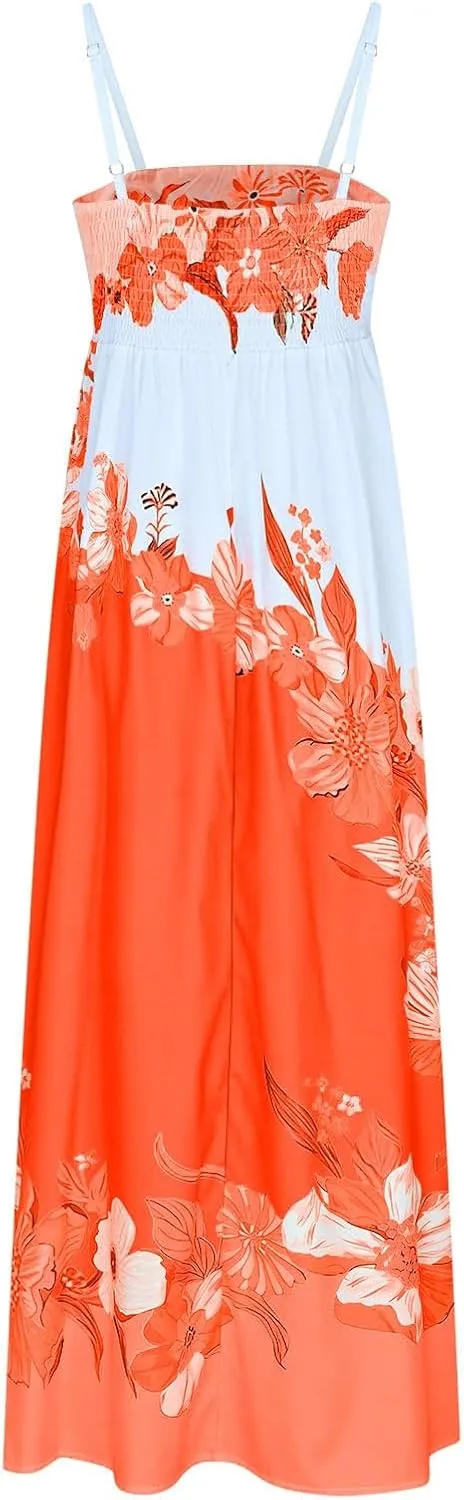 Womens Summer Dress Spaghetti Strap Sleeveless Boho Floral Sundress V Neck Causal Flowy Midi Dress with Pockets