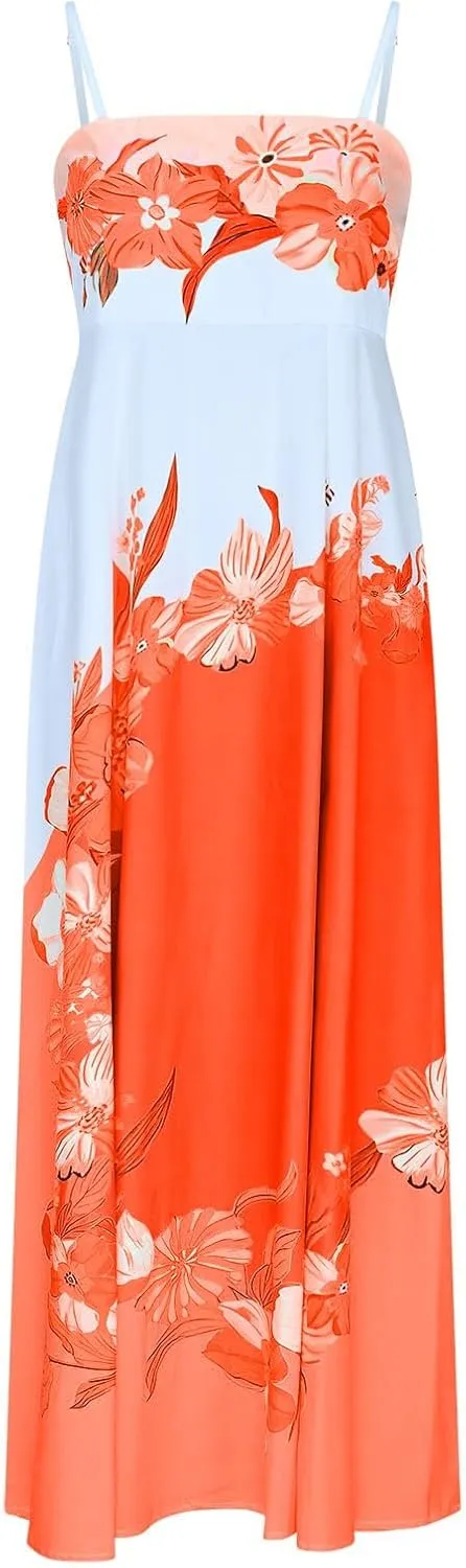 Womens Summer Dress Spaghetti Strap Sleeveless Boho Floral Sundress V Neck Causal Flowy Midi Dress with Pockets