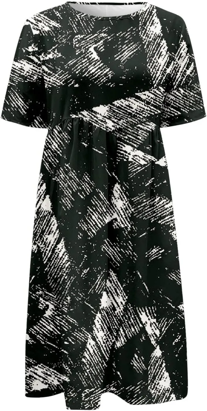 Women's Summer Floral Maxi Dress Trendy Graphic Print Short Sleeve Crewneck Dress Ruffle Swing Beach Long Dresses