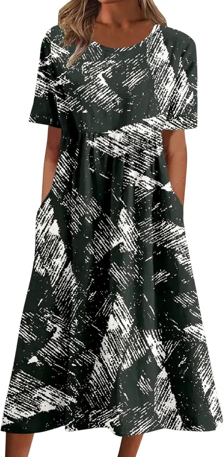 Women's Summer Floral Maxi Dress Trendy Graphic Print Short Sleeve Crewneck Dress Ruffle Swing Beach Long Dresses