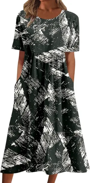 Women's Summer Floral Maxi Dress Trendy Graphic Print Short Sleeve Crewneck Dress Ruffle Swing Beach Long Dresses