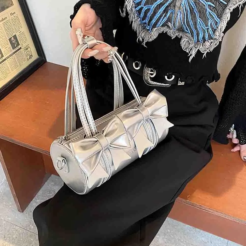 Women's Sweet Bow Knot Cylinder Bag PU Leather Bow Decor Glossy Shoulder Purse Top Handle Tote Underarm Clutch For Ladies