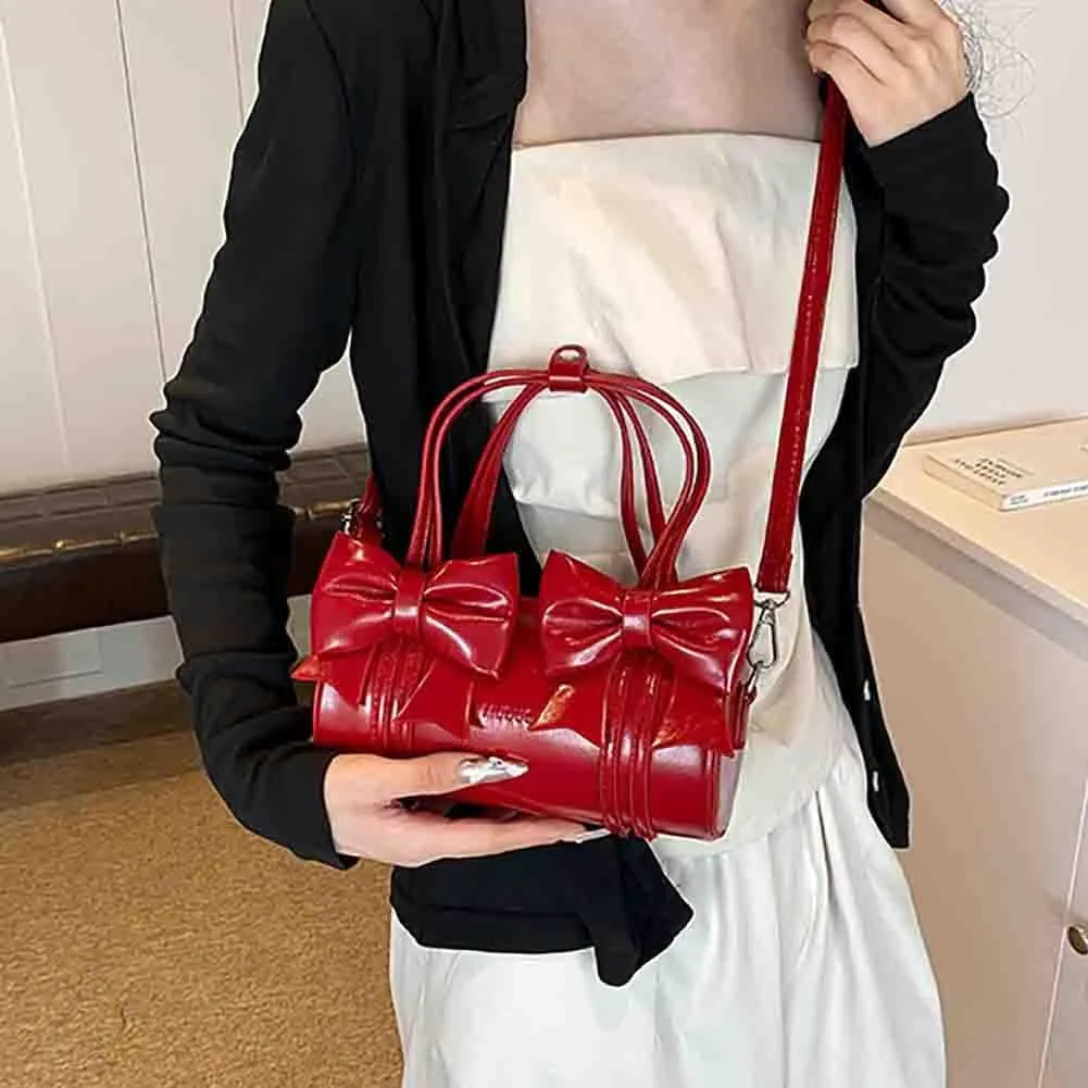 Women's Sweet Bow Knot Cylinder Bag PU Leather Bow Decor Glossy Shoulder Purse Top Handle Tote Underarm Clutch For Ladies