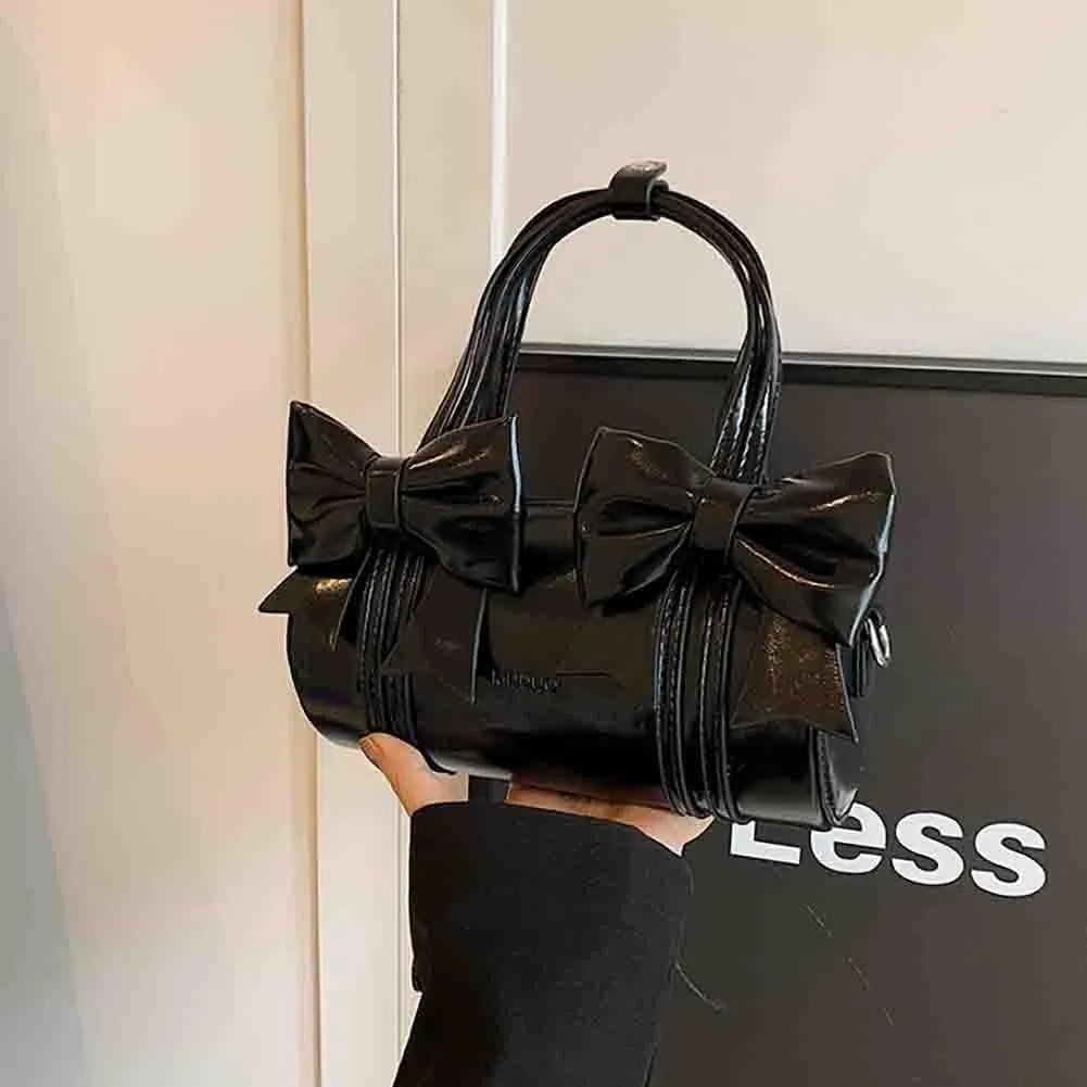 Women's Sweet Bow Knot Cylinder Bag PU Leather Bow Decor Glossy Shoulder Purse Top Handle Tote Underarm Clutch For Ladies