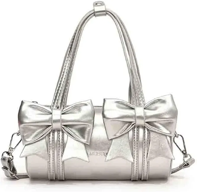 Women's Sweet Bow Knot Cylinder Bag PU Leather Bow Decor Glossy Shoulder Purse Top Handle Tote Underarm Clutch For Ladies