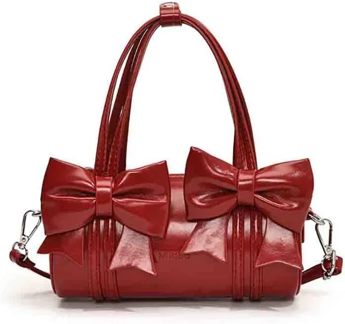 Women's Sweet Bow Knot Cylinder Bag PU Leather Bow Decor Glossy Shoulder Purse Top Handle Tote Underarm Clutch For Ladies