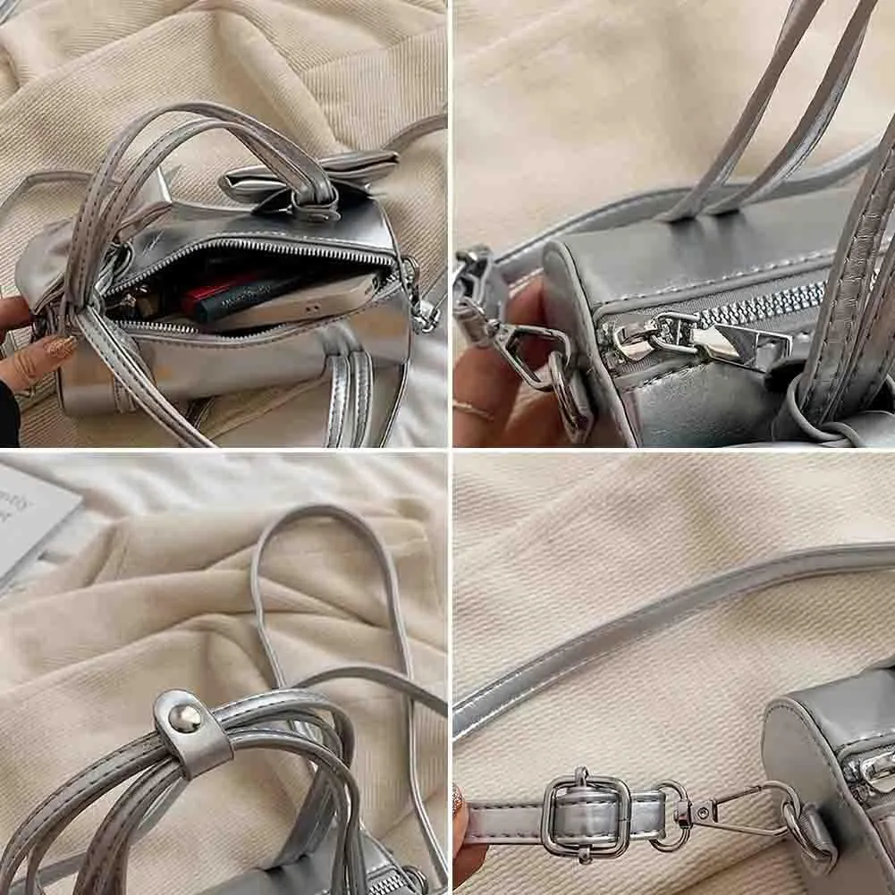 Women's Sweet Bow Knot Cylinder Bag PU Leather Bow Decor Glossy Shoulder Purse Top Handle Tote Underarm Clutch For Ladies