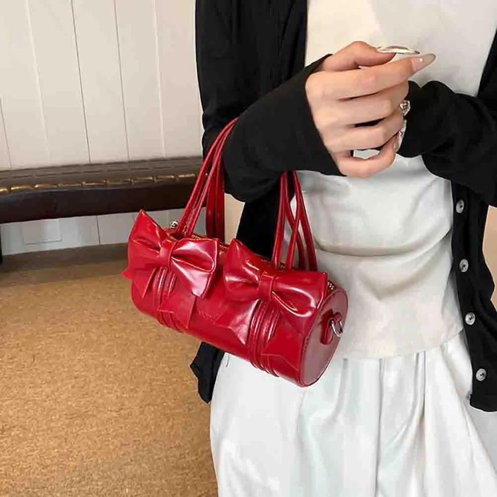 Women's Sweet Bow Knot Cylinder Bag PU Leather Bow Decor Glossy Shoulder Purse Top Handle Tote Underarm Clutch For Ladies