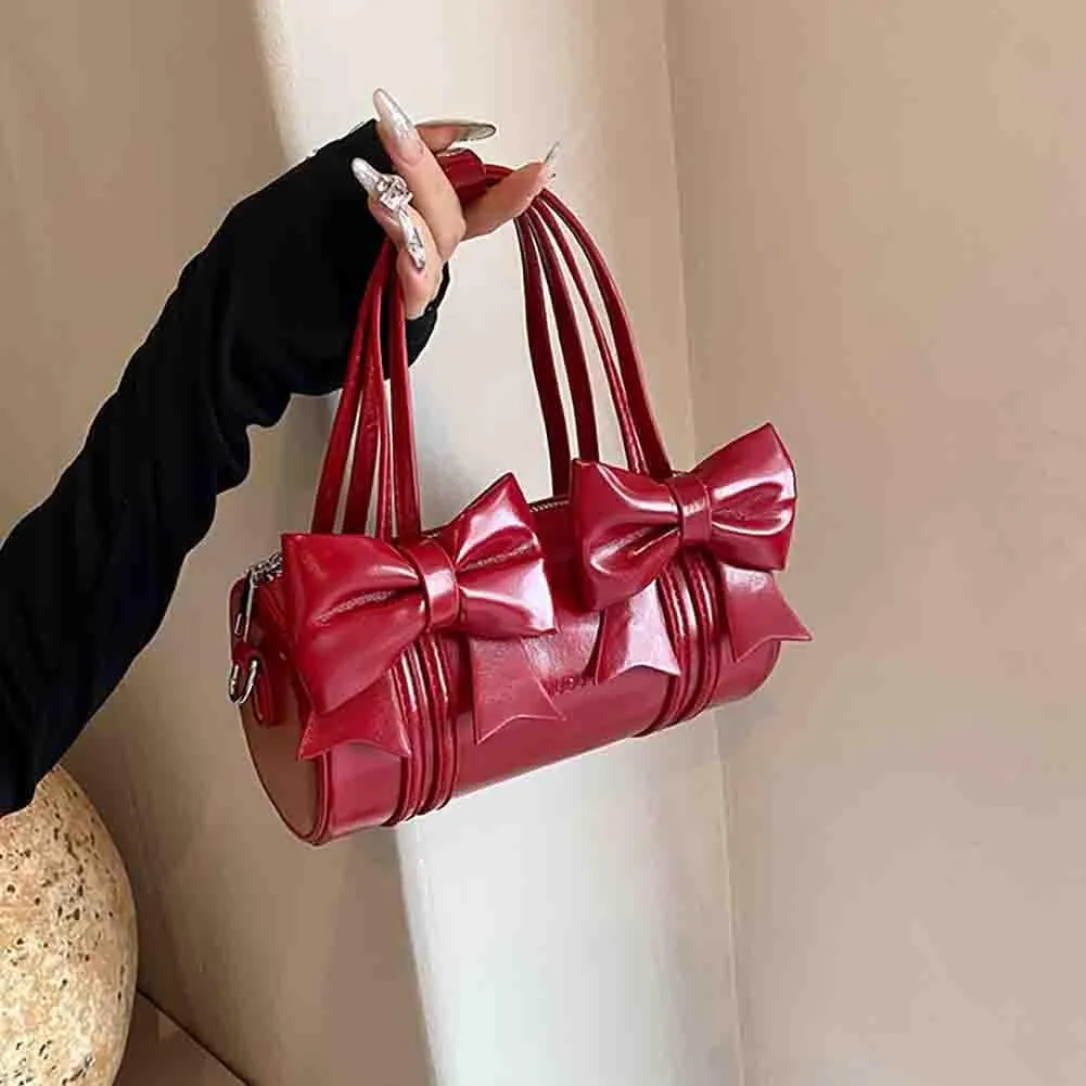 Women's Sweet Bow Knot Cylinder Bag PU Leather Bow Decor Glossy Shoulder Purse Top Handle Tote Underarm Clutch For Ladies