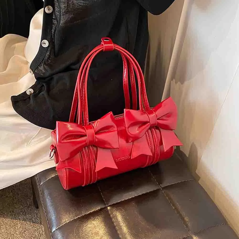 Women's Sweet Bow Knot Cylinder Bag PU Leather Bow Decor Glossy Shoulder Purse Top Handle Tote Underarm Clutch For Ladies