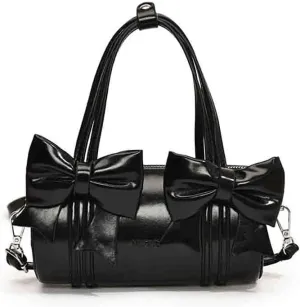 Women's Sweet Bow Knot Cylinder Bag PU Leather Bow Decor Glossy Shoulder Purse Top Handle Tote Underarm Clutch For Ladies