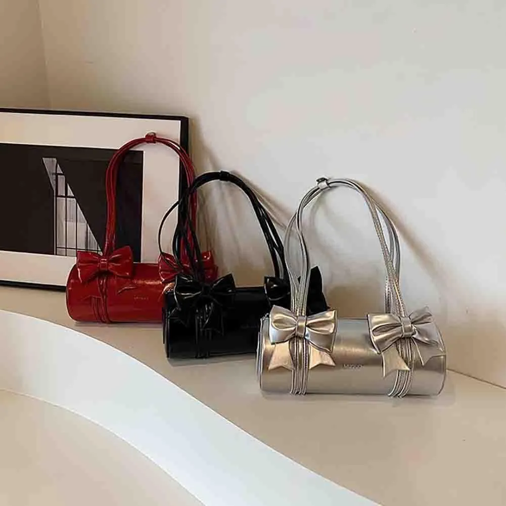 Women's Sweet Bow Knot Cylinder Bag PU Leather Bow Decor Glossy Shoulder Purse Top Handle Tote Underarm Clutch For Ladies
