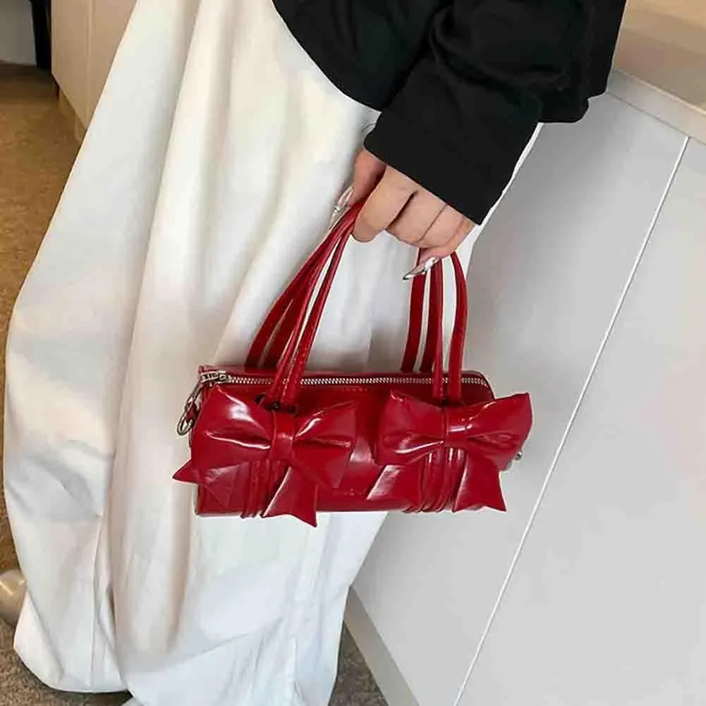 Women's Sweet Bow Knot Cylinder Bag PU Leather Bow Decor Glossy Shoulder Purse Top Handle Tote Underarm Clutch For Ladies