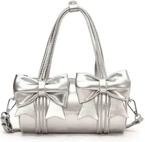 Women's Sweet Bow Knot Cylinder Bag PU Leather Bow Decor Glossy Shoulder Purse Top Handle Tote Underarm Clutch For Ladies