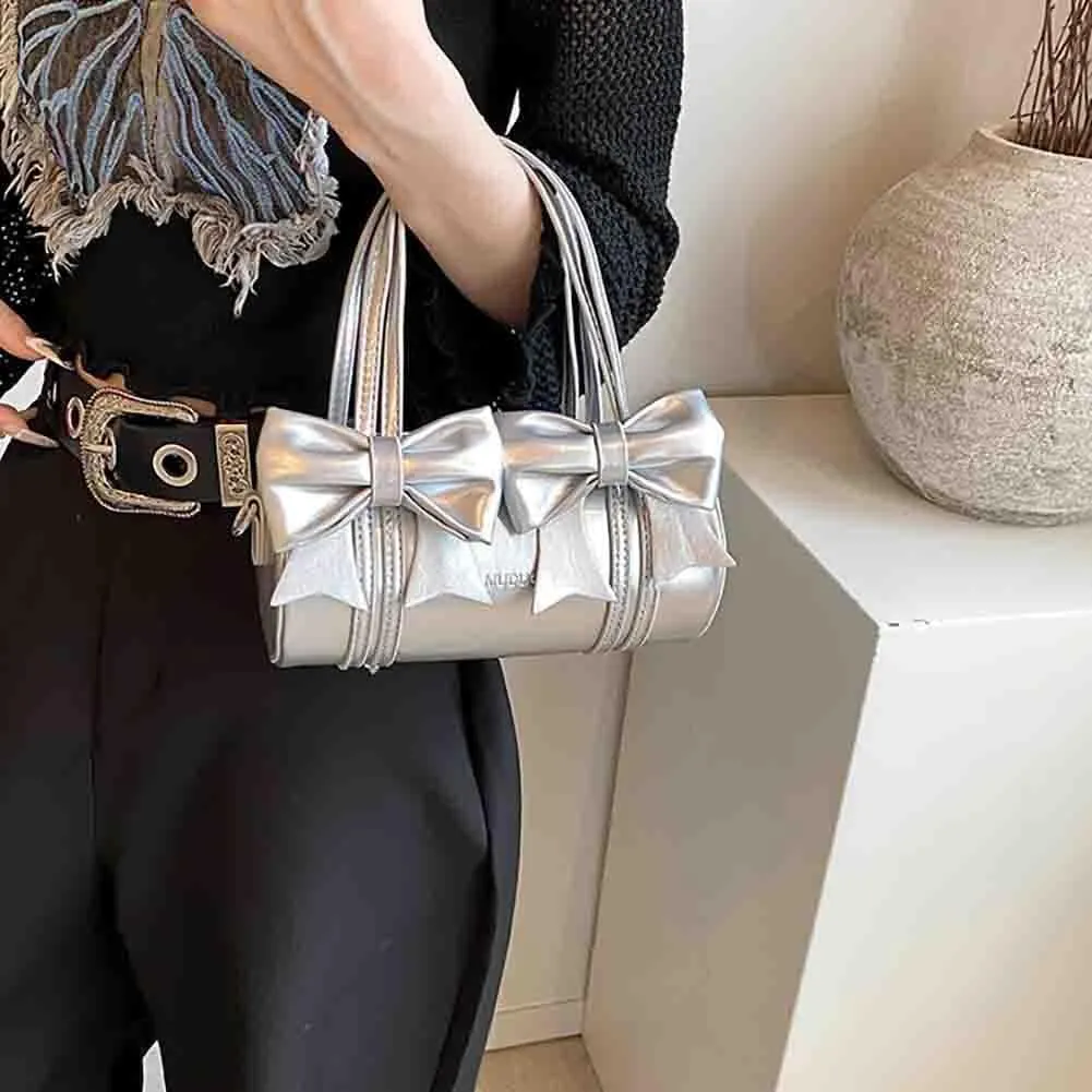 Women's Sweet Bow Knot Cylinder Bag PU Leather Bow Decor Glossy Shoulder Purse Top Handle Tote Underarm Clutch For Ladies