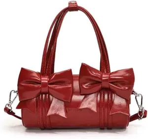 Women's Sweet Bow Knot Cylinder Bag PU Leather Bow Decor Glossy Shoulder Purse Top Handle Tote Underarm Clutch For Ladies
