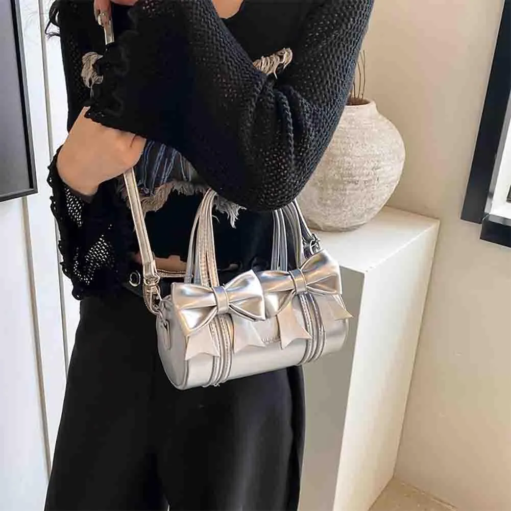 Women's Sweet Bow Knot Cylinder Bag PU Leather Bow Decor Glossy Shoulder Purse Top Handle Tote Underarm Clutch For Ladies