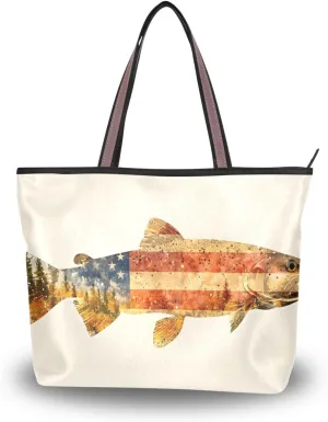 Women's Tote Bags Trout Painting Print Reusable Grocery Handbag Bags with Zipper Large Size