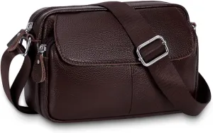 Women's Triple Zip Small Crossbody Bag with Wide Strap Camera Purse Genuine Leather Handbags Shoulder Satchel