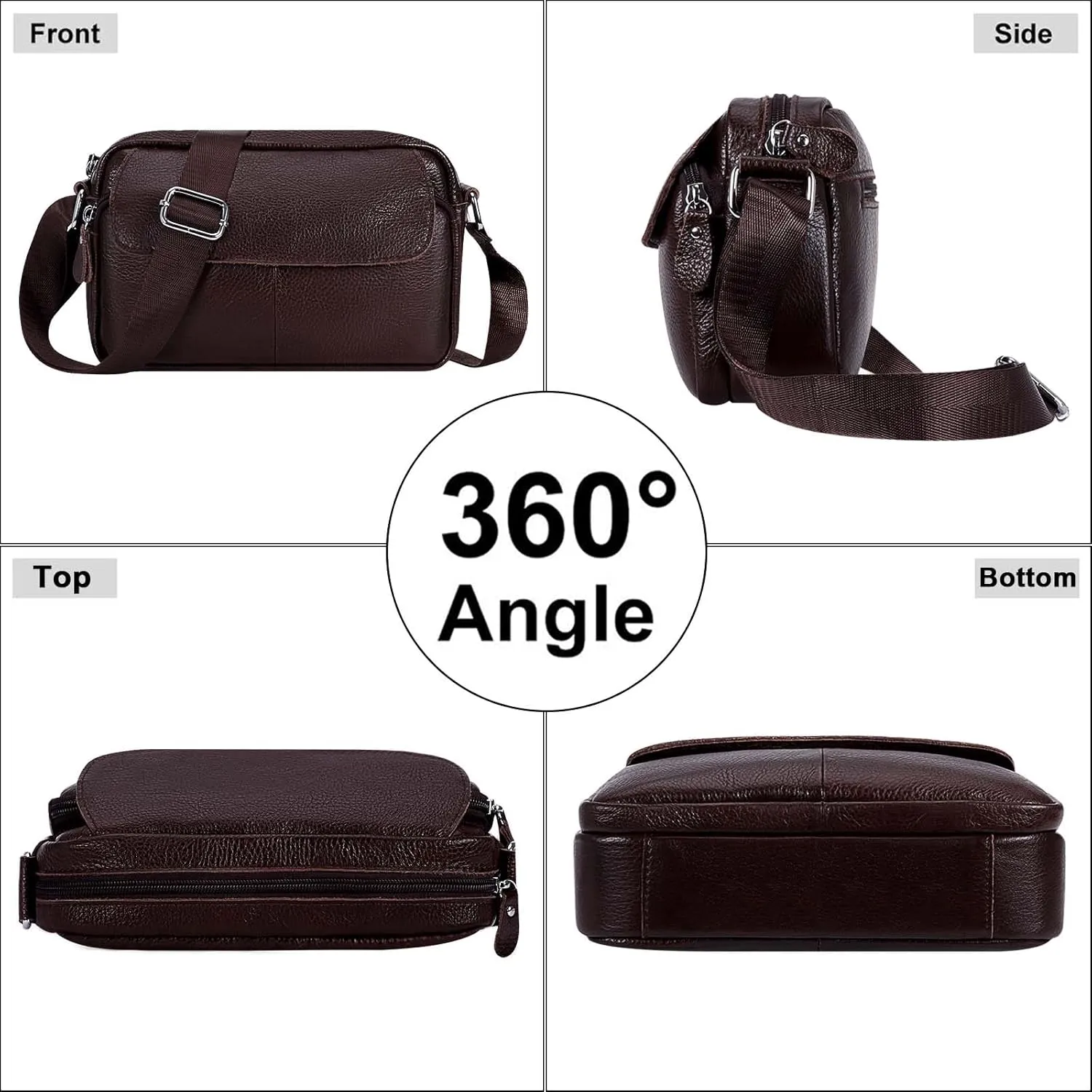 Women's Triple Zip Small Crossbody Bag with Wide Strap Camera Purse Genuine Leather Handbags Shoulder Satchel