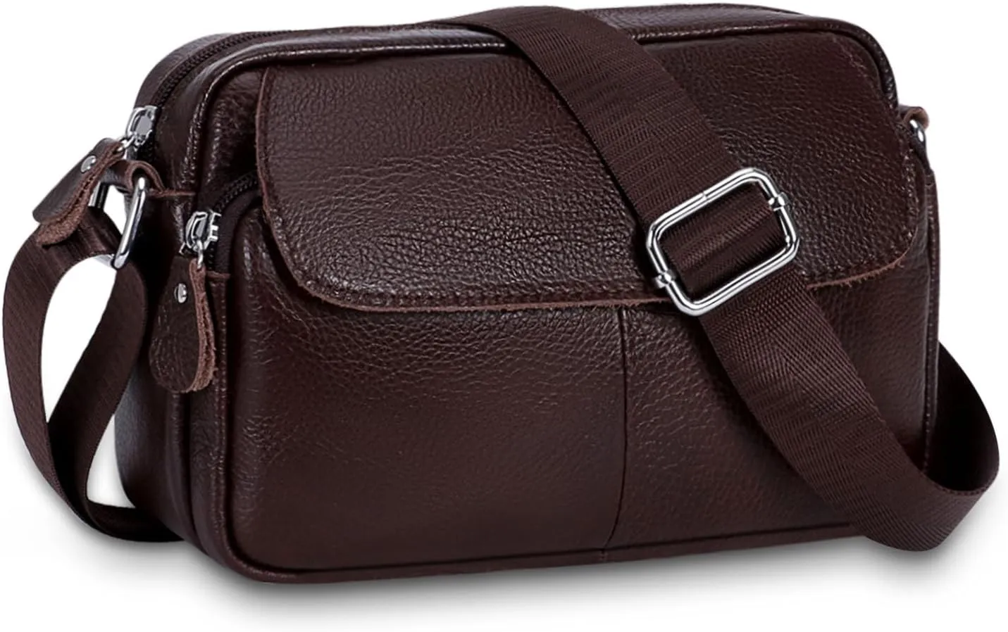 Women's Triple Zip Small Crossbody Bag with Wide Strap Camera Purse Genuine Leather Handbags Shoulder Satchel