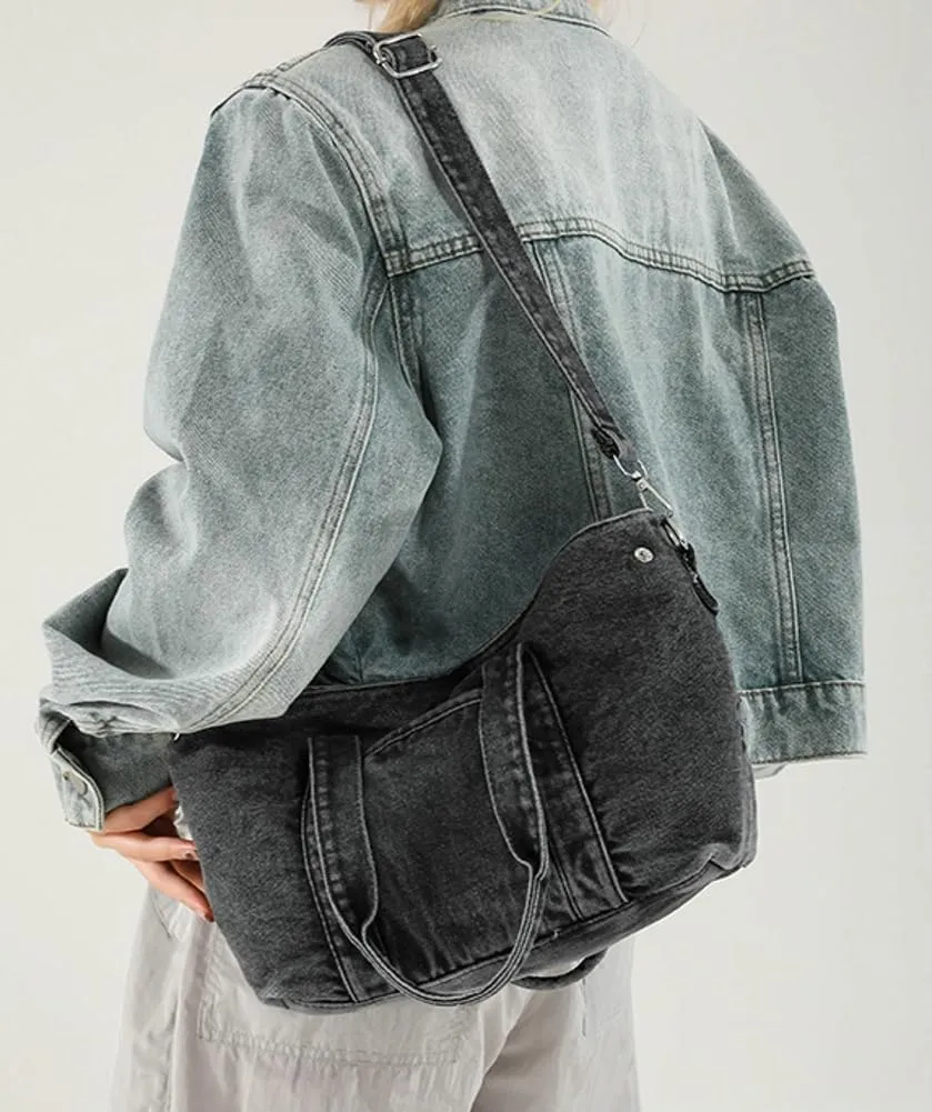 Womens Vintage Denim Shoulder Crossbody Bag Large Multi Pocket Messenger Tote Purse Canvas Top Handle Handbags