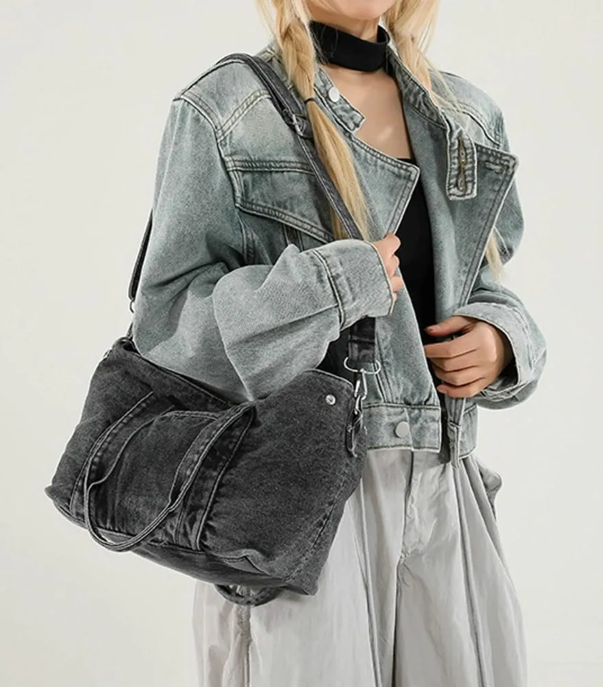 Womens Vintage Denim Shoulder Crossbody Bag Large Multi Pocket Messenger Tote Purse Canvas Top Handle Handbags
