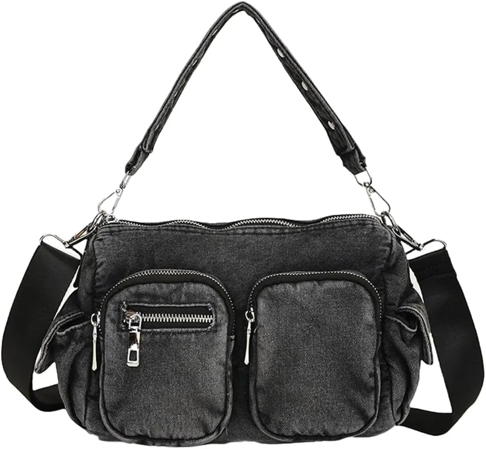 Womens Vintage Denim Shoulder Crossbody Bag Large Multi Pocket Messenger Tote Purse Canvas Top Handle Handbags