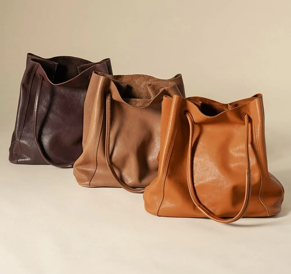 Womens Vintage Genuine Leather Tote Bag Large Bucket Shoulder Satchel Work Purses Top Handle Handbags Set 2pcs