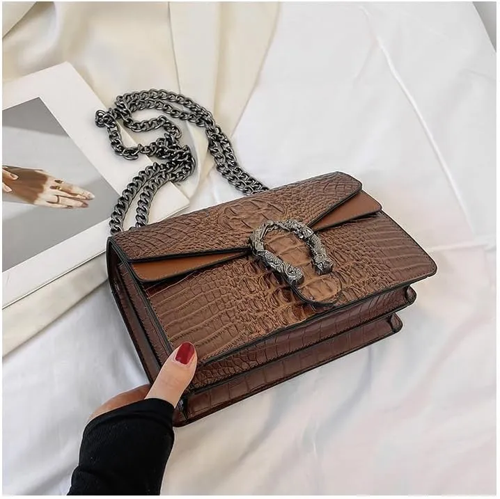 Women's Vintage Handbags Chain Crossbody Bags Alligator Shoulder Bag Magnetic Buckle Purses
