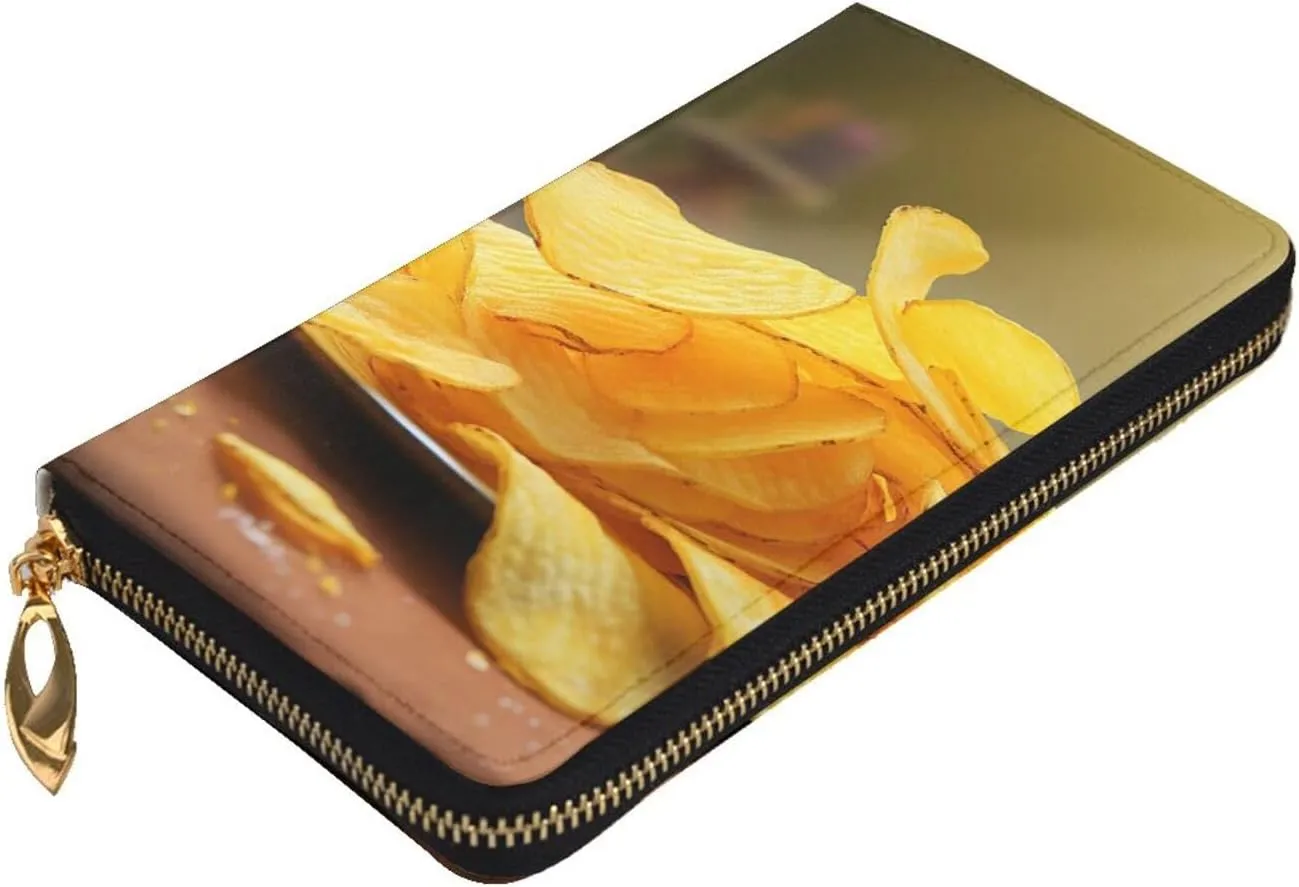 Womens Wallet Leather Slim Wallet Long Card Holder Case Zip Clutch Potato Chips Travel Purse