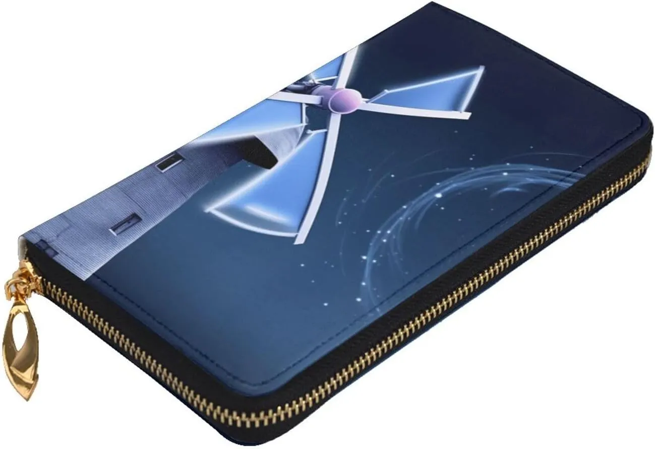 Womens Wallet Leather Slim Wallet Long Card Holder Case Zip Clutch Windmill Blue Travel Purse