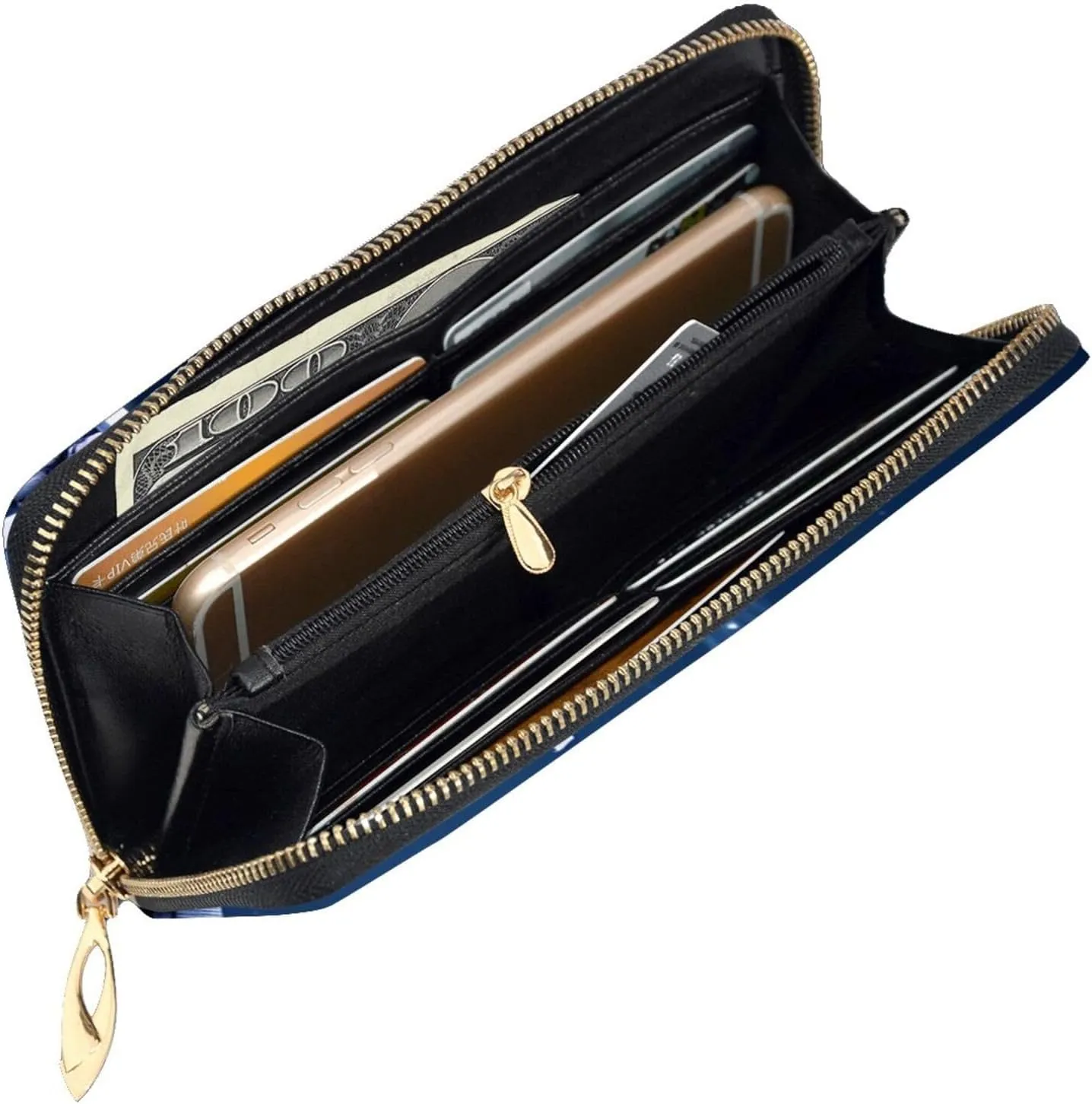Womens Wallet Leather Slim Wallet Long Card Holder Case Zip Clutch Windmill Blue Travel Purse