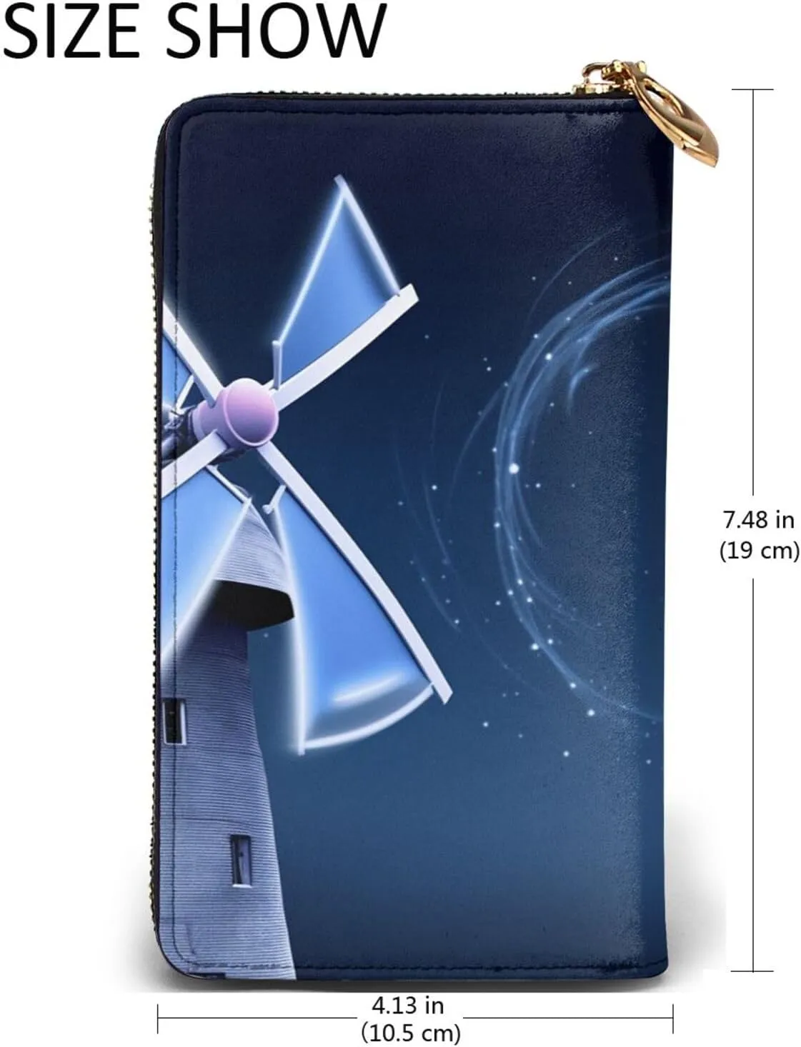Womens Wallet Leather Slim Wallet Long Card Holder Case Zip Clutch Windmill Blue Travel Purse