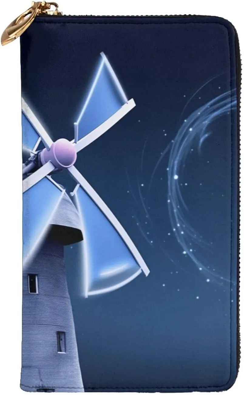Womens Wallet Leather Slim Wallet Long Card Holder Case Zip Clutch Windmill Blue Travel Purse