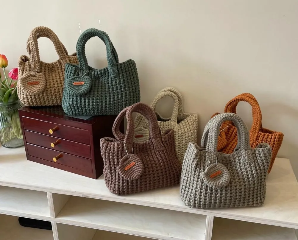 Women's Wrist Purses Small Crochet Tote Bag Cute Ribbed Knitted Handbag Handmade Aesthetic Purse