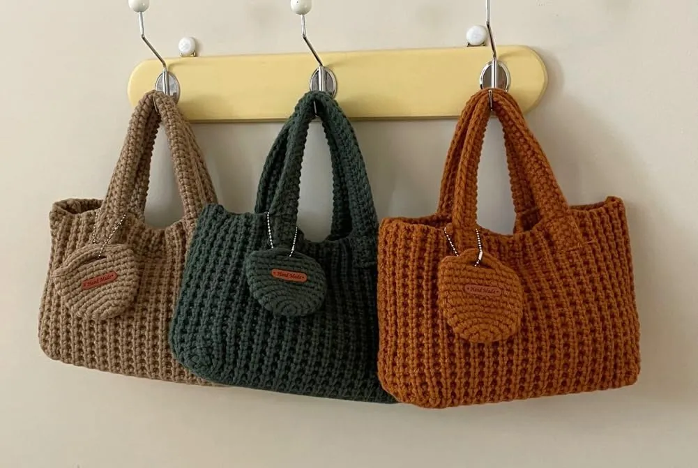 Women's Wrist Purses Small Crochet Tote Bag Cute Ribbed Knitted Handbag Handmade Aesthetic Purse