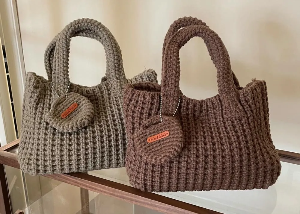 Women's Wrist Purses Small Crochet Tote Bag Cute Ribbed Knitted Handbag Handmade Aesthetic Purse
