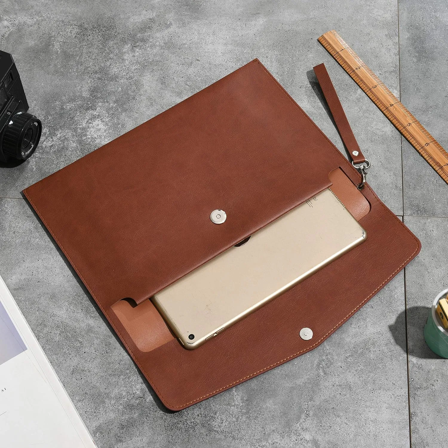Wonderpool A4 PU Leather Envelope Documents File Portfolio Large Capacity Folders Travel Bag for Paper Letter Stationery Organizer and Tablet Case PC Sleeve (Coffee)