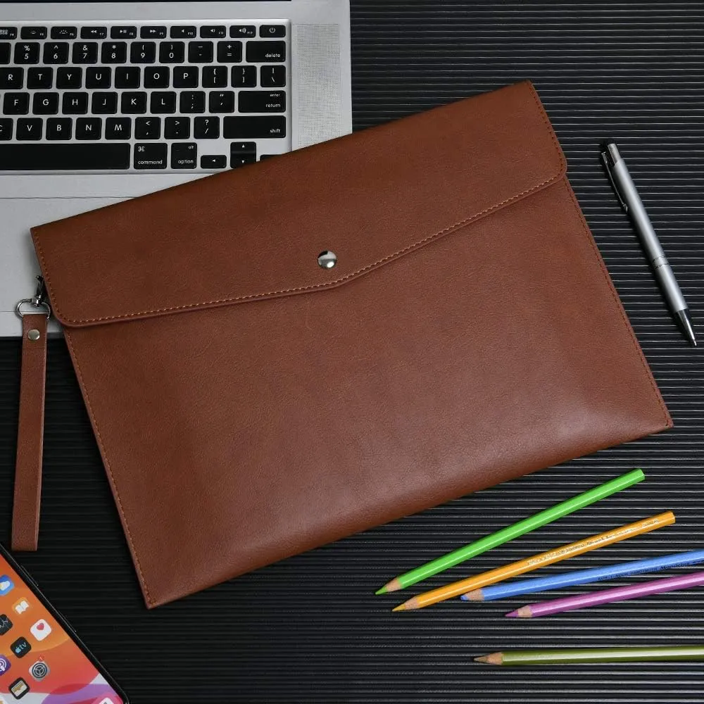 Wonderpool A4 PU Leather Envelope Documents File Portfolio Large Capacity Folders Travel Bag for Paper Letter Stationery Organizer and Tablet Case PC Sleeve (Coffee)