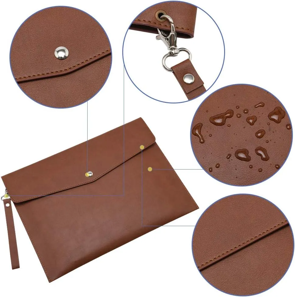 Wonderpool A4 PU Leather Envelope Documents File Portfolio Large Capacity Folders Travel Bag for Paper Letter Stationery Organizer and Tablet Case PC Sleeve (Coffee)
