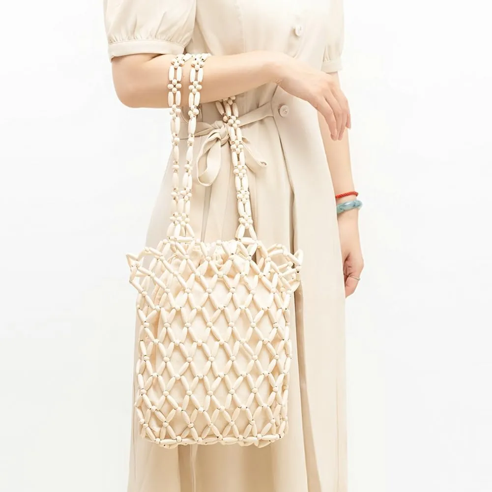 Wooden Bead Purses for Women Beaded Hobo Tote Purse Straw Bag Chic Hollow-out Handbag Beach Travel 2025