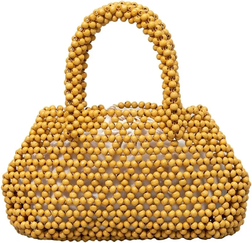 Wooden Bead Purses for Women Beaded Small Tote Purse Straw Purse Chic Hollow-out Handbag for Beach Summer Travel